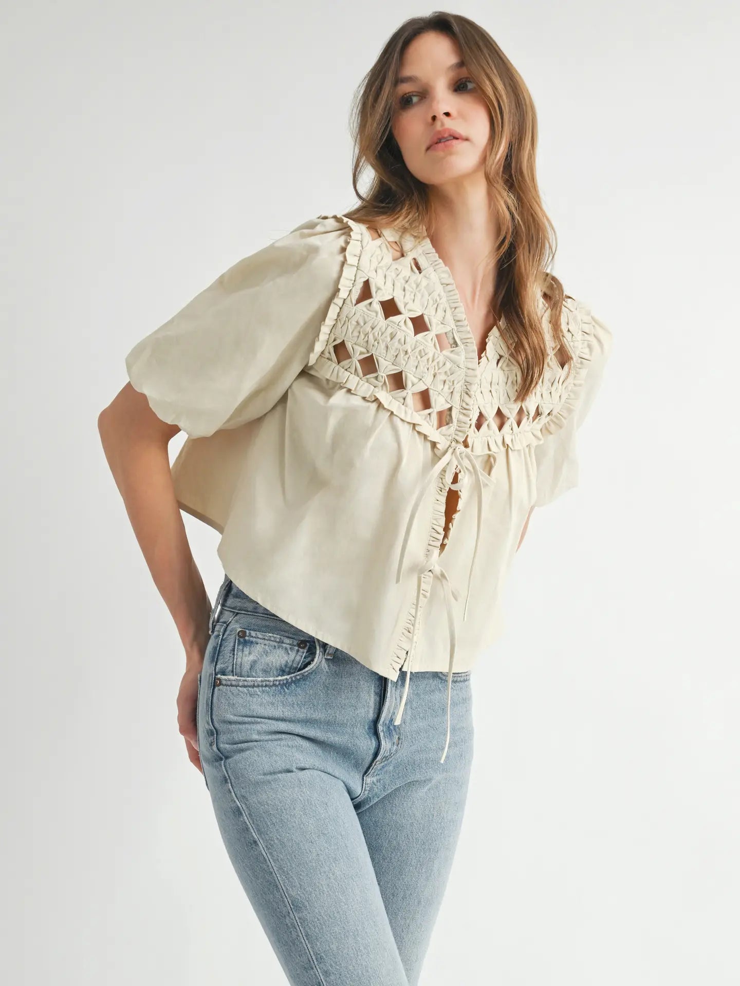 Western Boho Crochet Tie-Front Top