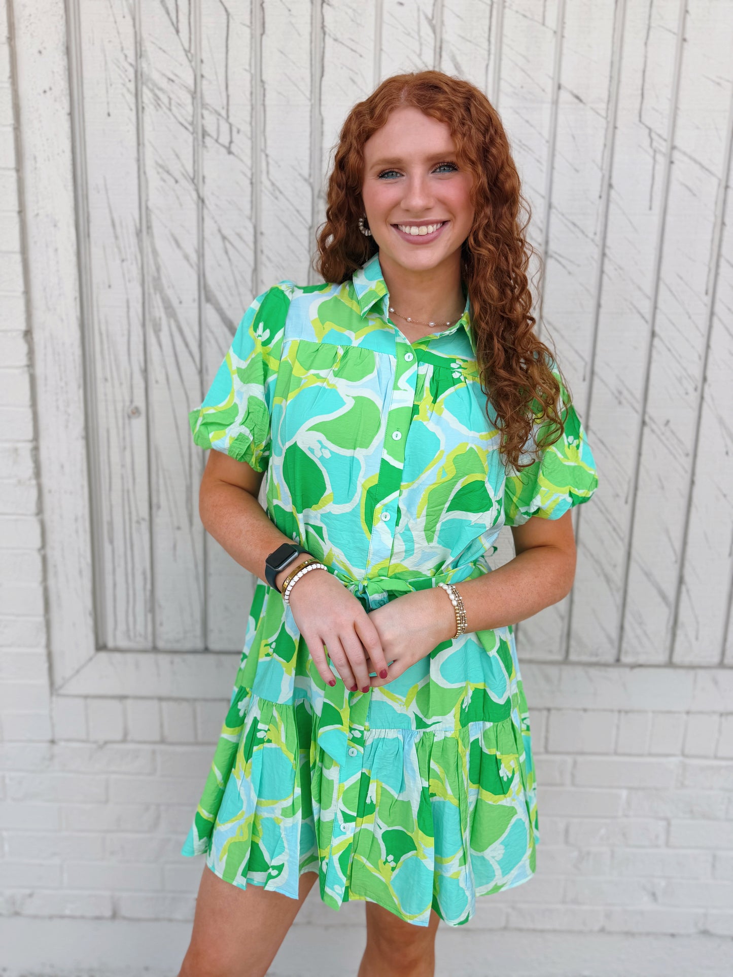 Green Puff Sleeve Button Down Dress