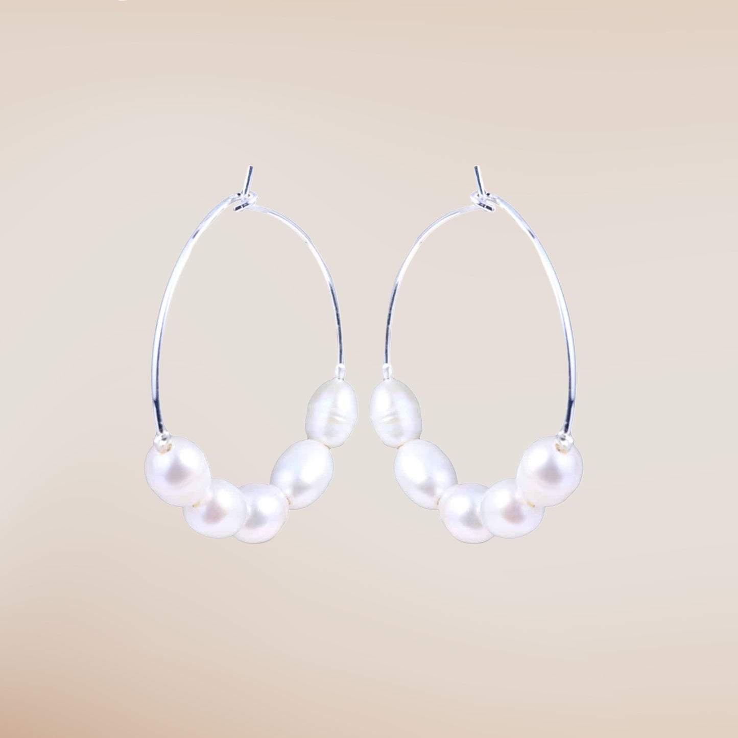 5-Pearl Hoop Earrings- Silver/White