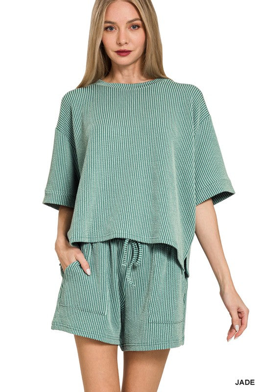Rib Short Sleeve & Short Set - Jade