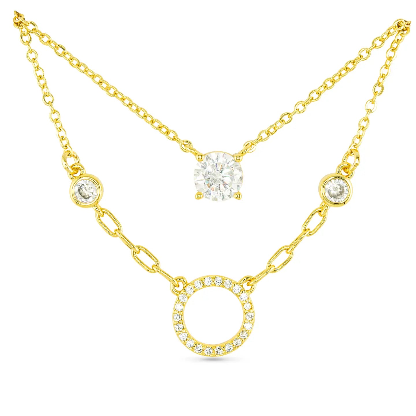 Gold CZ Dual Solitaire & Circle Necklace