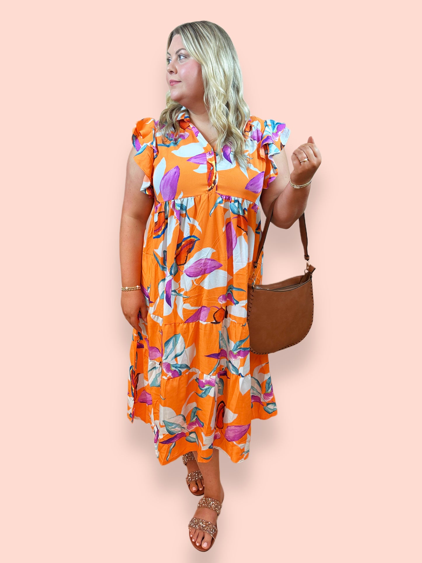 Tangerine Print Midi Dress with Ruffles