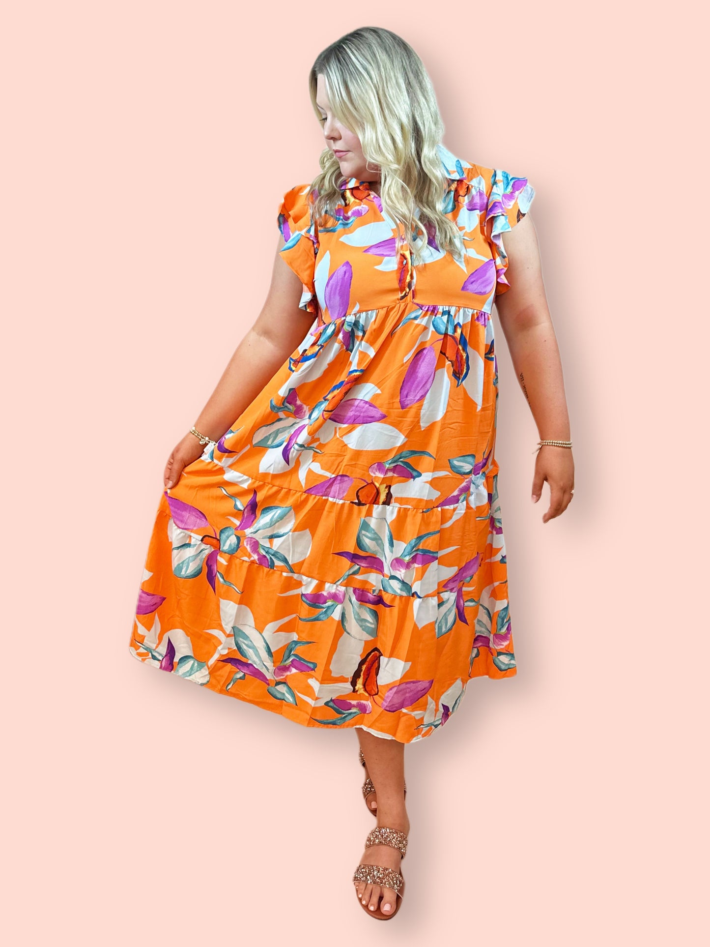 Tangerine Print Midi Dress with Ruffles