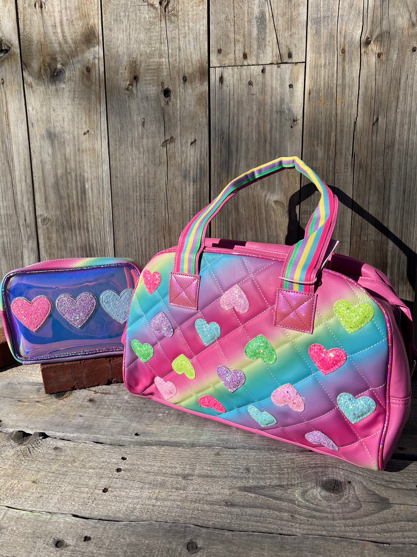 Quilted Ombre Heart-Patched Medium Duffle Bag