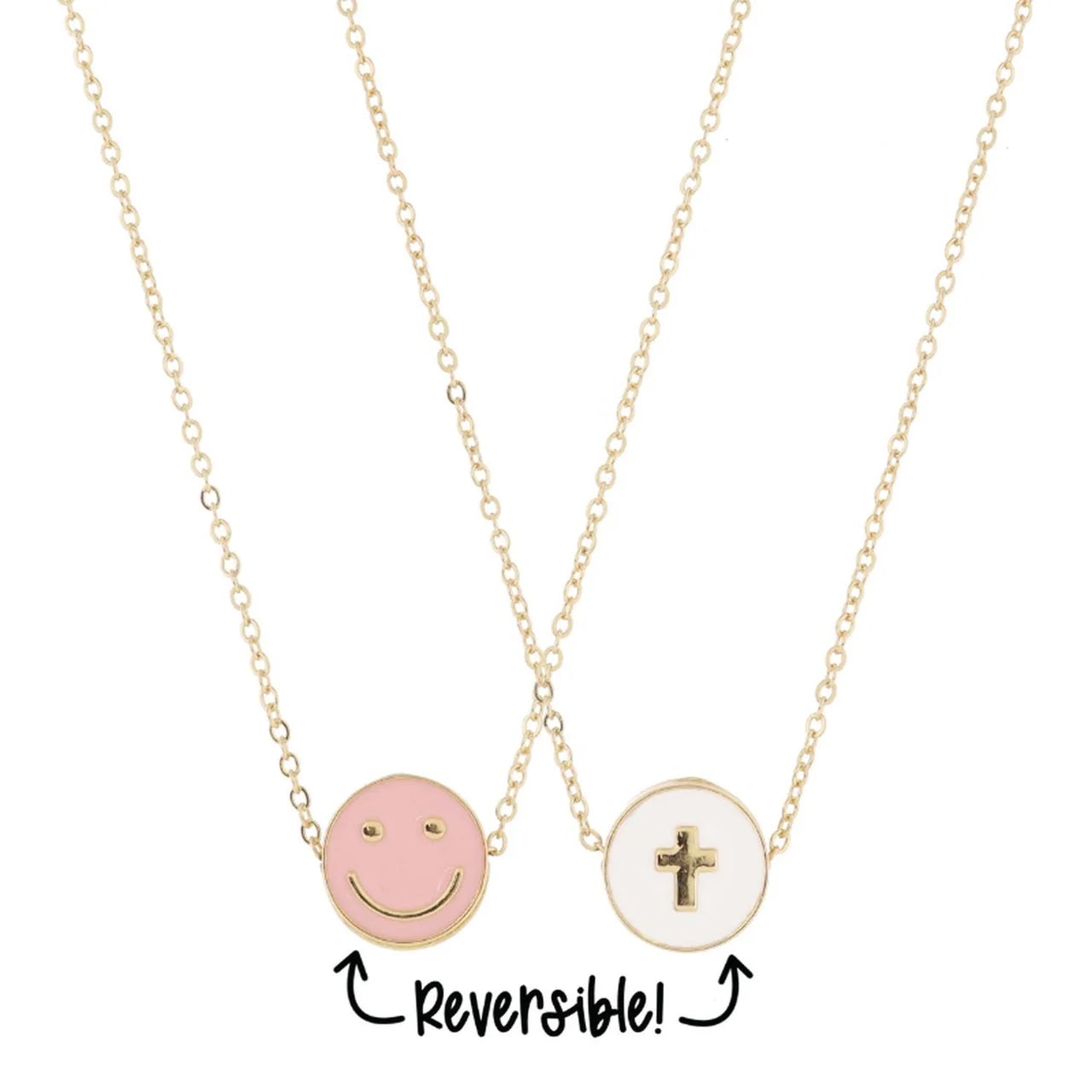 Kids Reversible Pink Happy Face & White Cross Disc Necklace