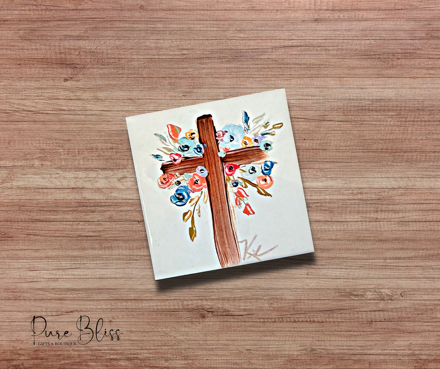Wooden Floral Cross Coaster