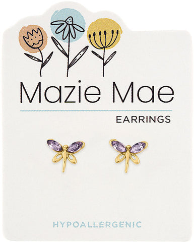 Gold Violet Dragonfly Stud Earrings