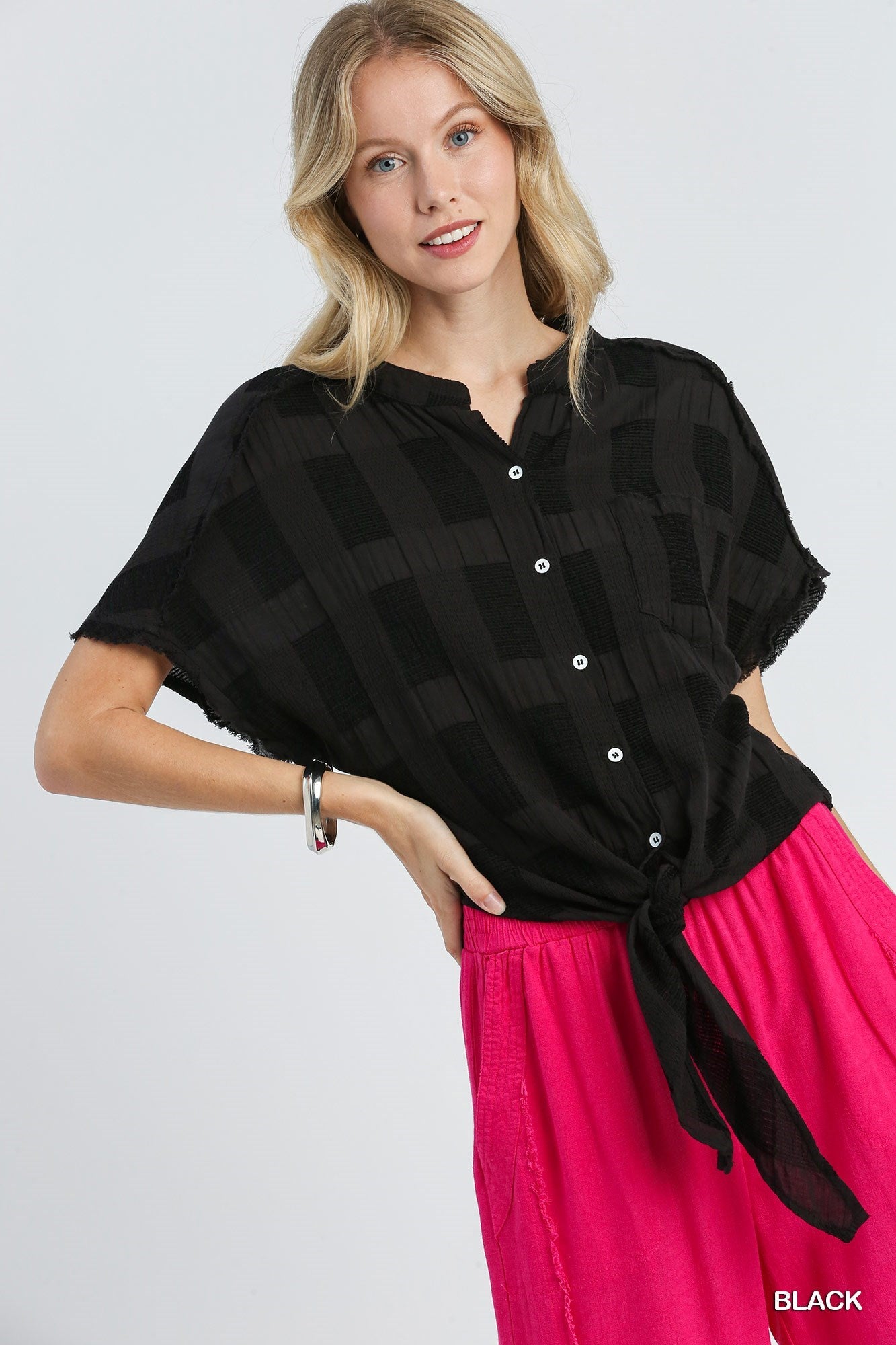 Black Textured Short Sleeve Button Front Top