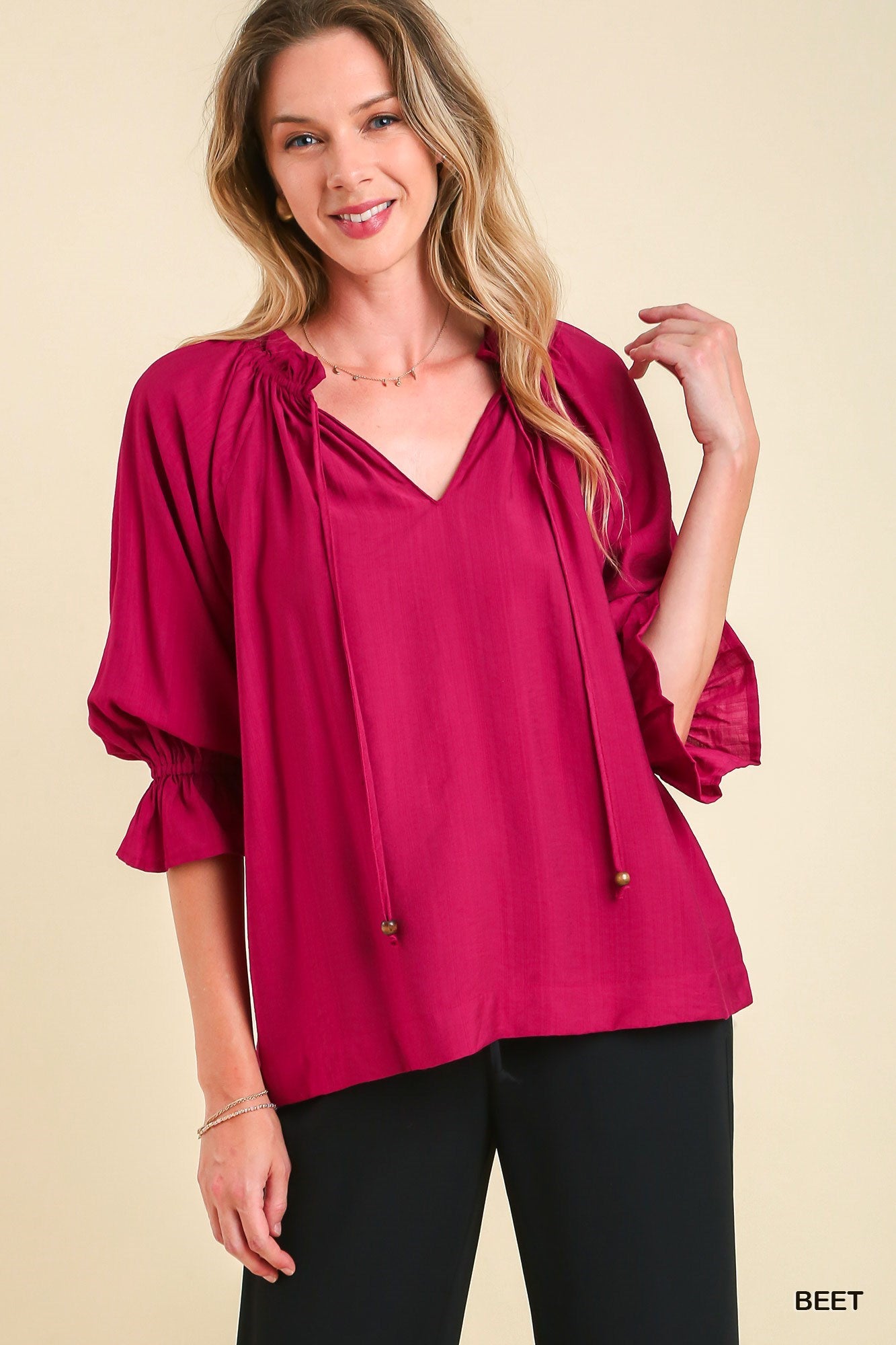V-Neck Beet 3/4 Sleeve Top