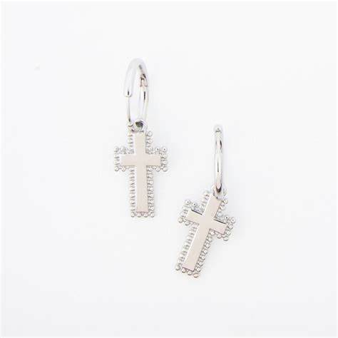 Silver Celesta Cross Charm Textured Hoop Earrings