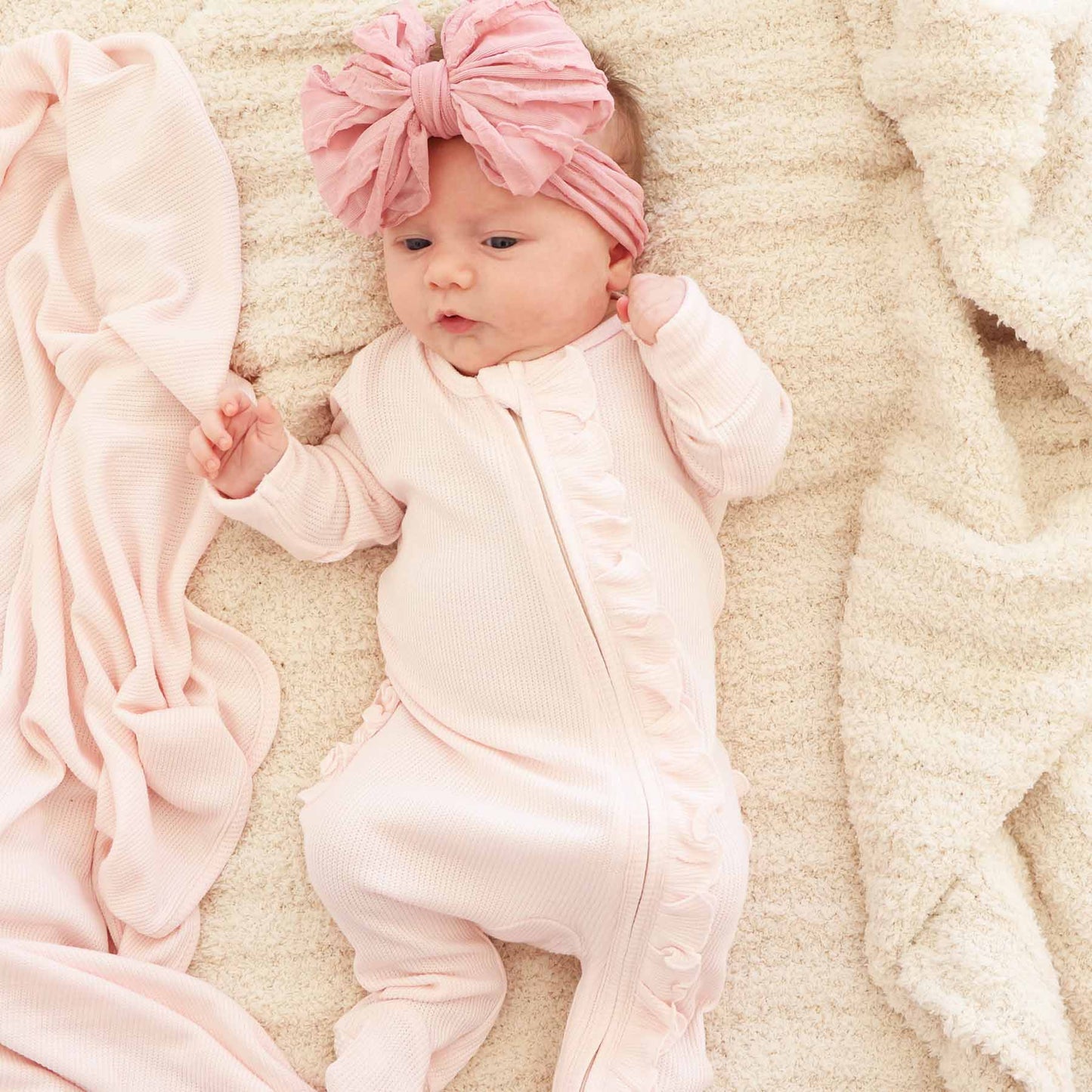 Pearl Pink Bamboo Waffle Zipper Ruffle Footie