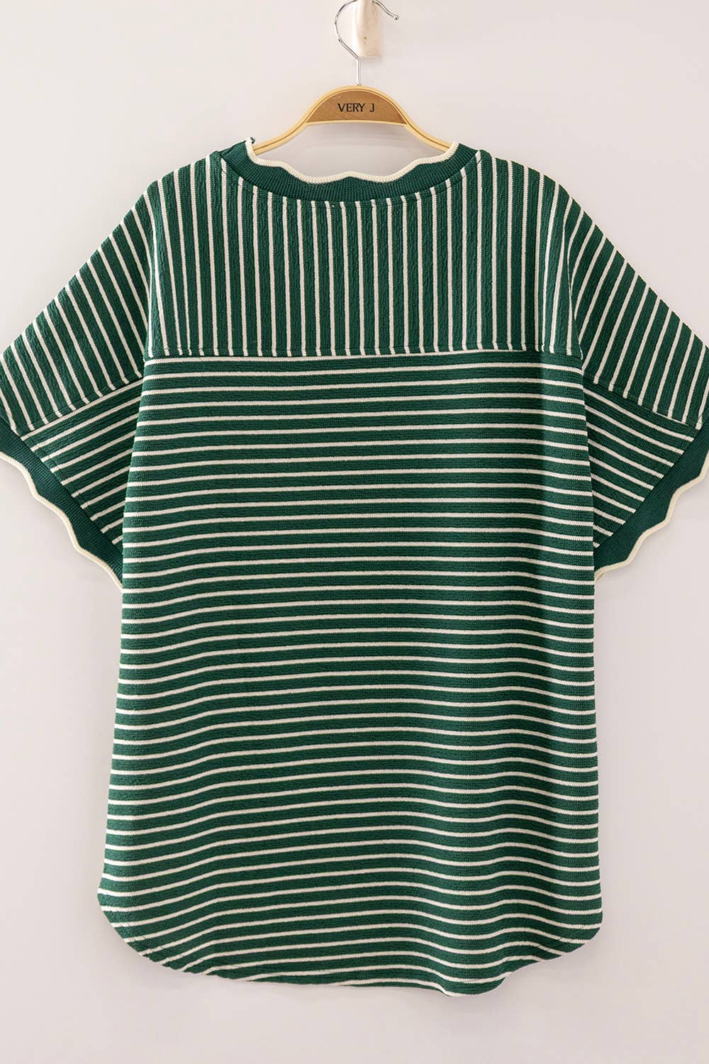 Green Stripe Scallop Trim Stripe Knit Top
