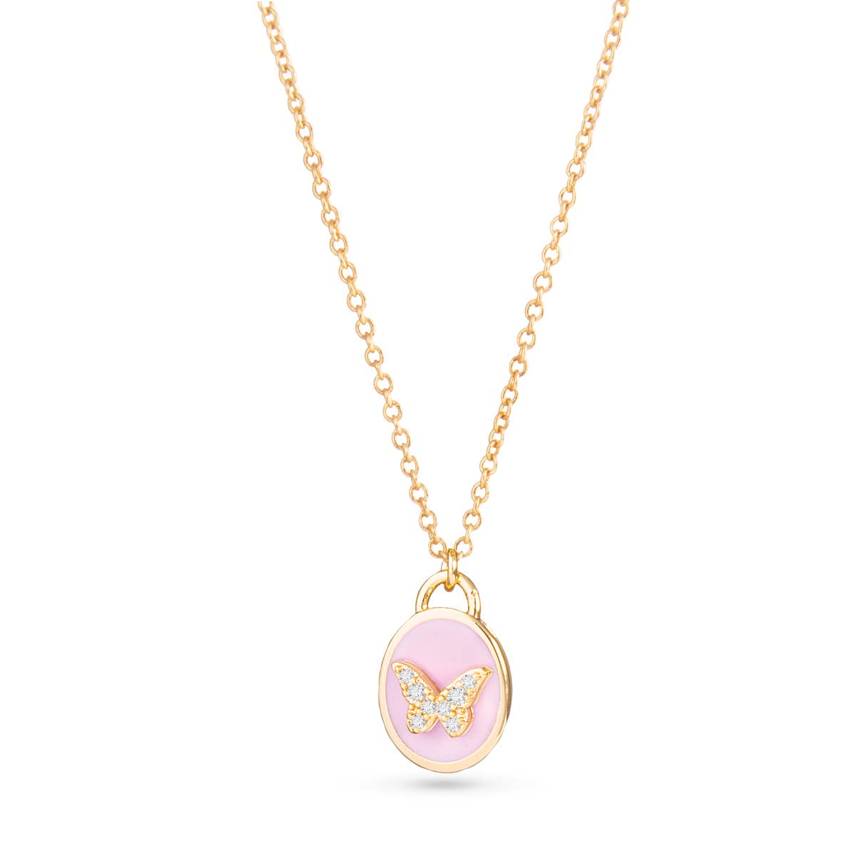 Pink Enamel and CZ Butterfly Drop Necklace - Gold