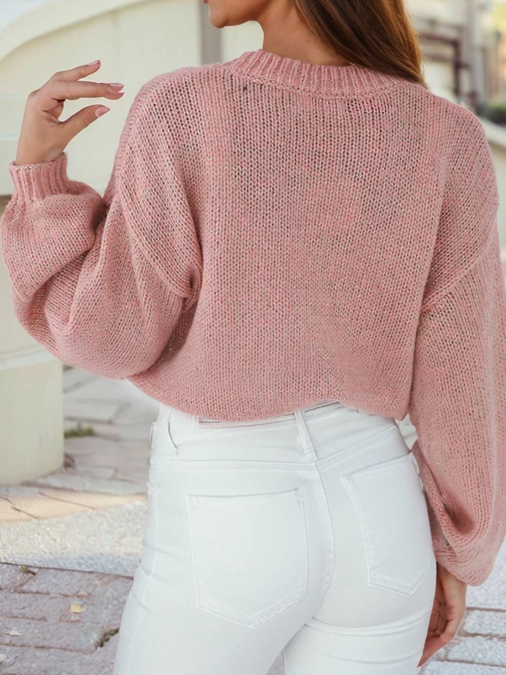 Solid Color Big Flower Accent Drop Shoulder Sweater