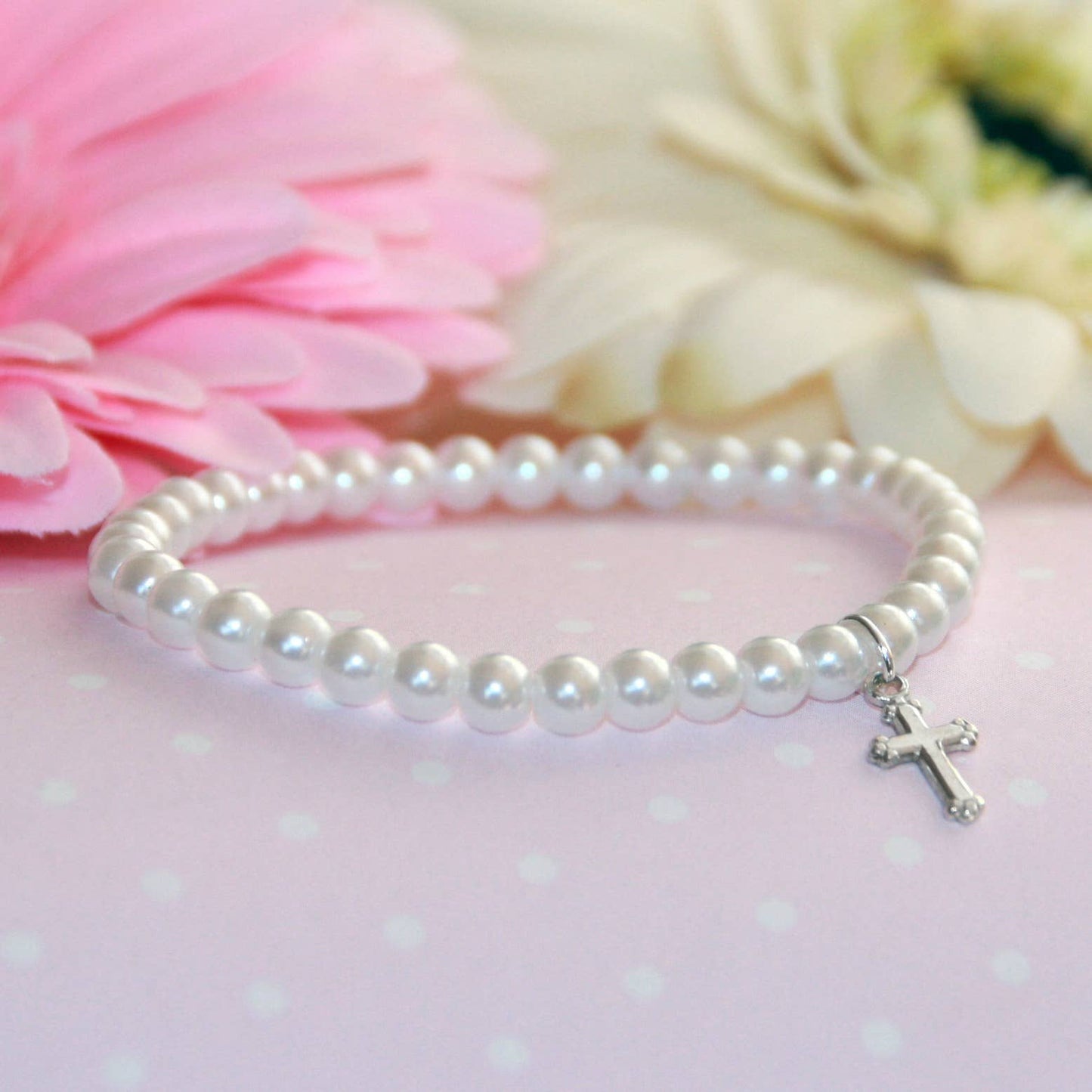 Rhodium Cross Pearl stretchy 5" Bracelet