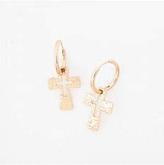 Gold Celesta Cross Charm Hammered Hoop Earrings
