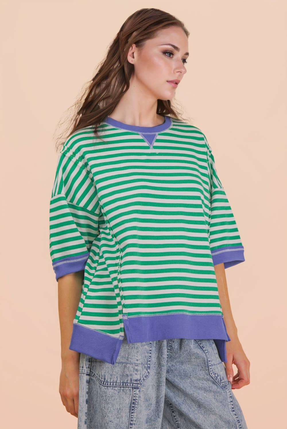 Oversized Stripe Casual Knit Top - KELLY GREEN + CREAM