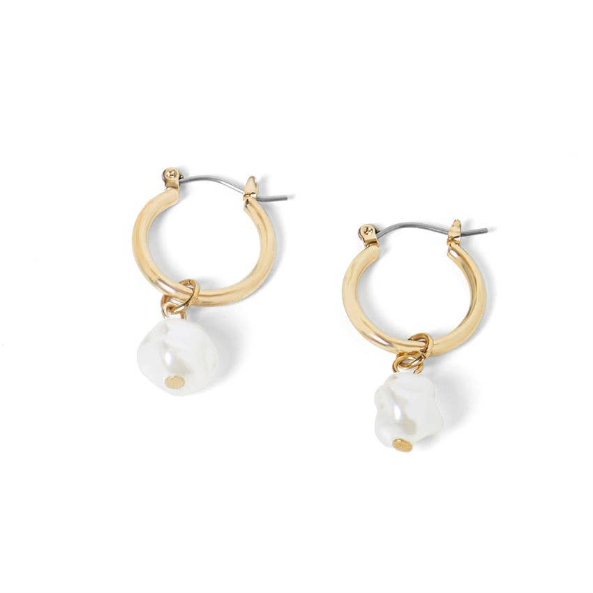 Small Gold Hoop with Pearl Dangle Earrrings