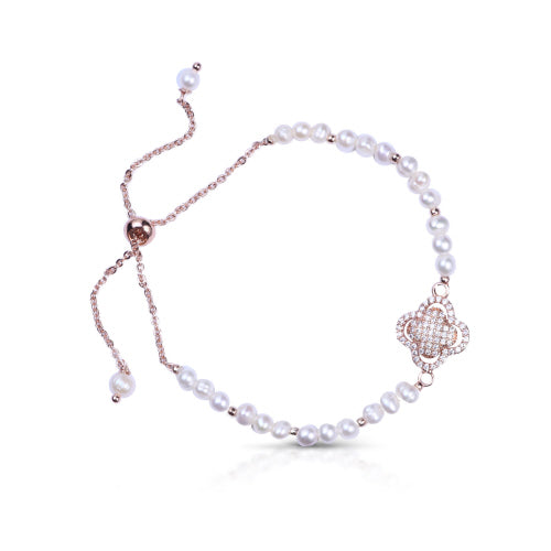 Mini Pearl Quatrefoil Pull-Cord Bracelt- Rose Gold