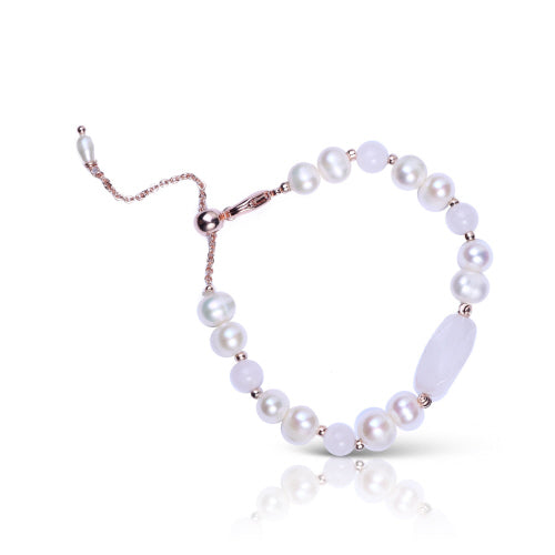 Pearl & Stone Pull-Cord Bracelet- Rose Gold