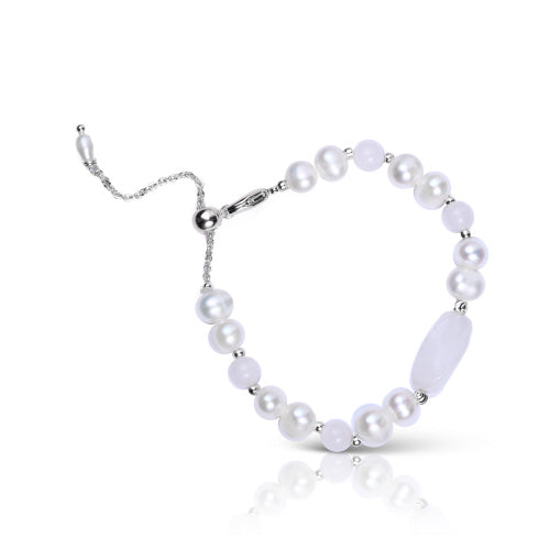 Pearl & Stone Pull Cord Bracelet- Silver