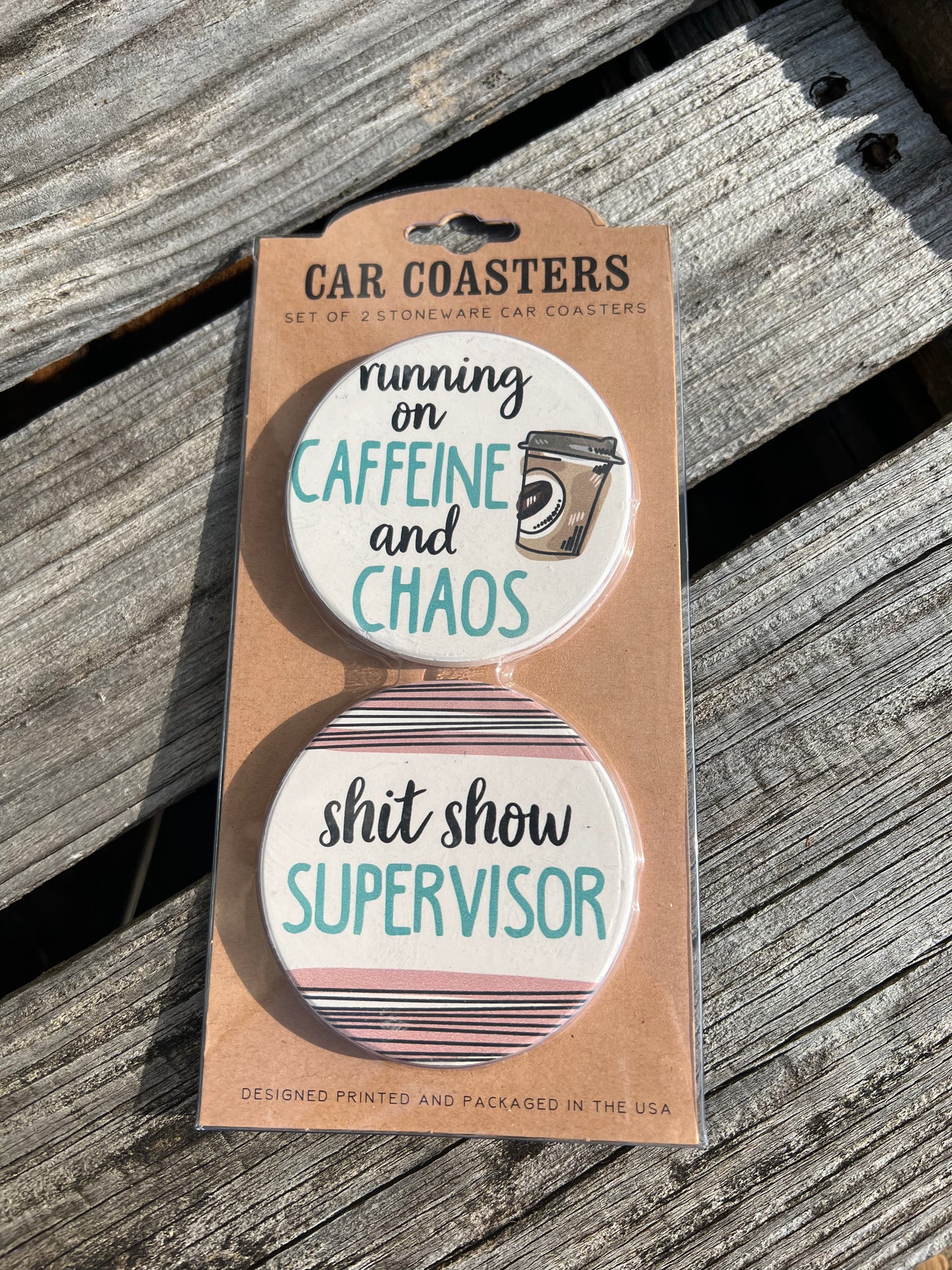 Caffeine and Chaos Car Coaster Set