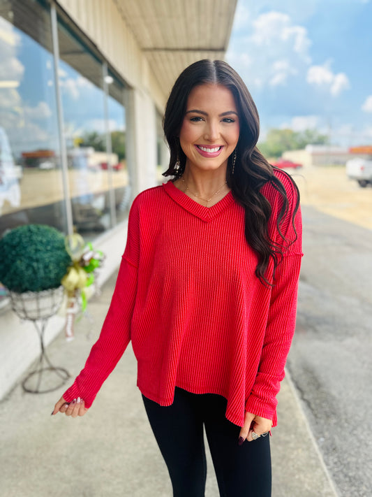 Ruby Corded Rib Long Sleeve V-Neck Top