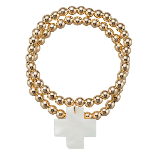 Gold Plated Set Of 2 Beaded Stretch Bracelet - Shell Croos