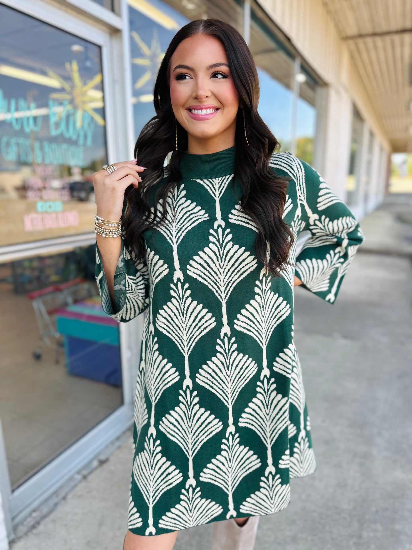 Forest Green Abstract Print Sweater Dress