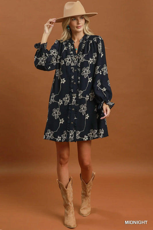 Midnight Floral Print Ruffle Button-Front