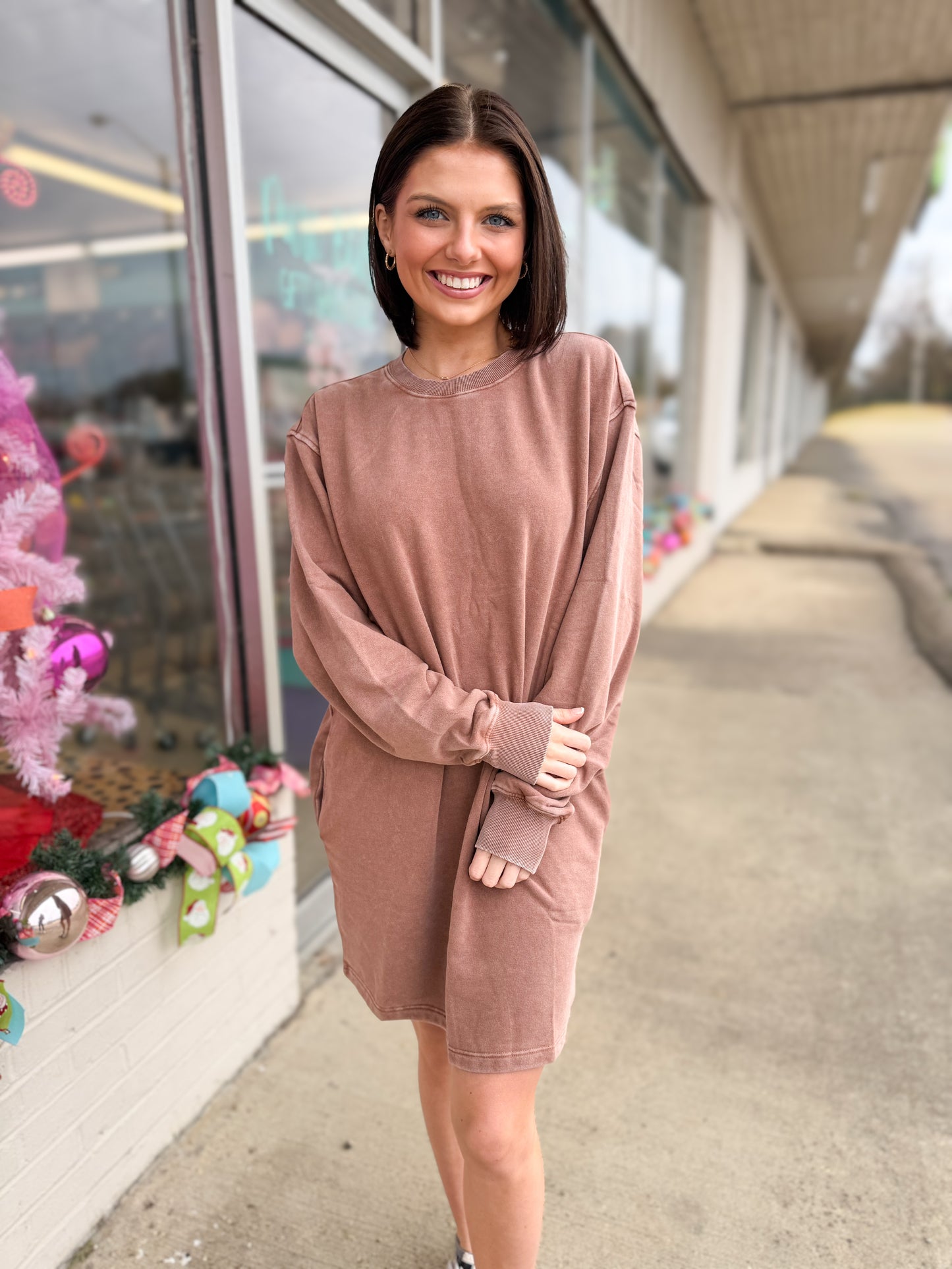 Chestnut Mineral Washed Oversized Mini Sweatshirt Dress