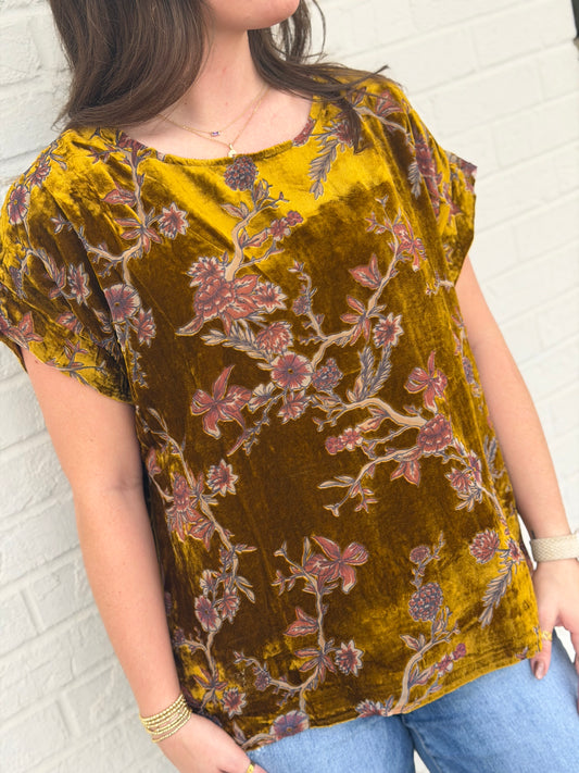 Camel Mix Floral Velvet Boxy Top