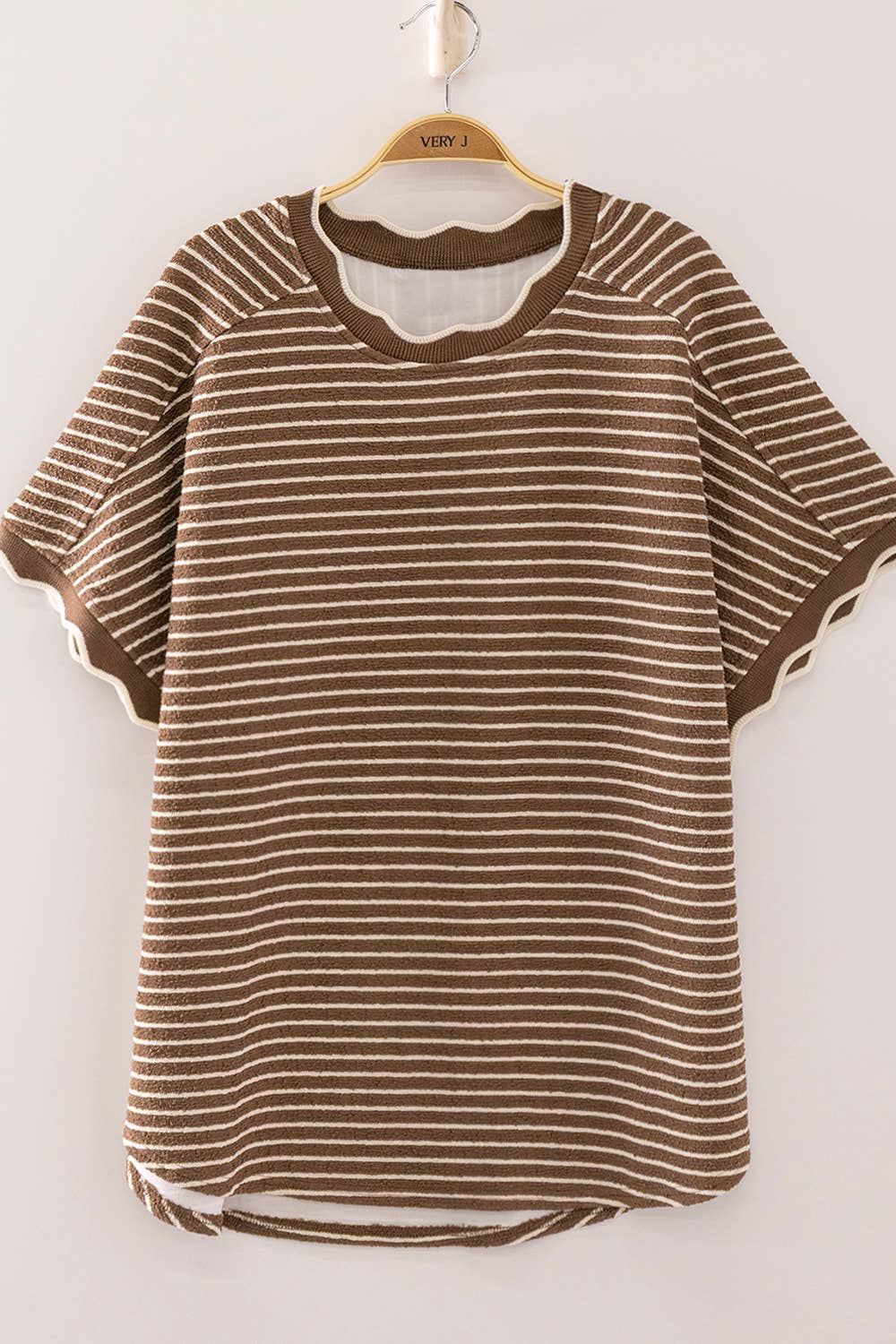 Mocha Stripe Scallop Trim Stripe Knit Top
