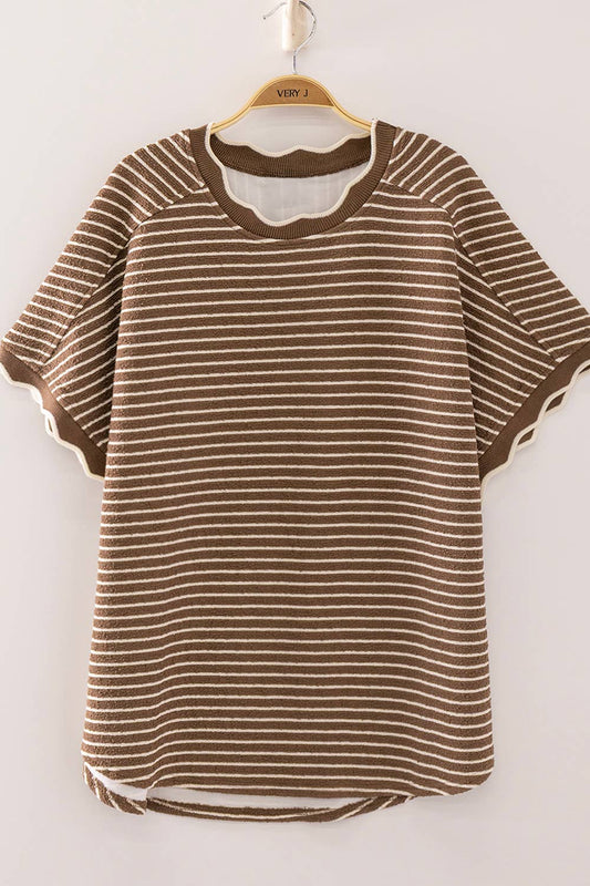 Mocha Stripe Scallop Trim Stripe Knit Top