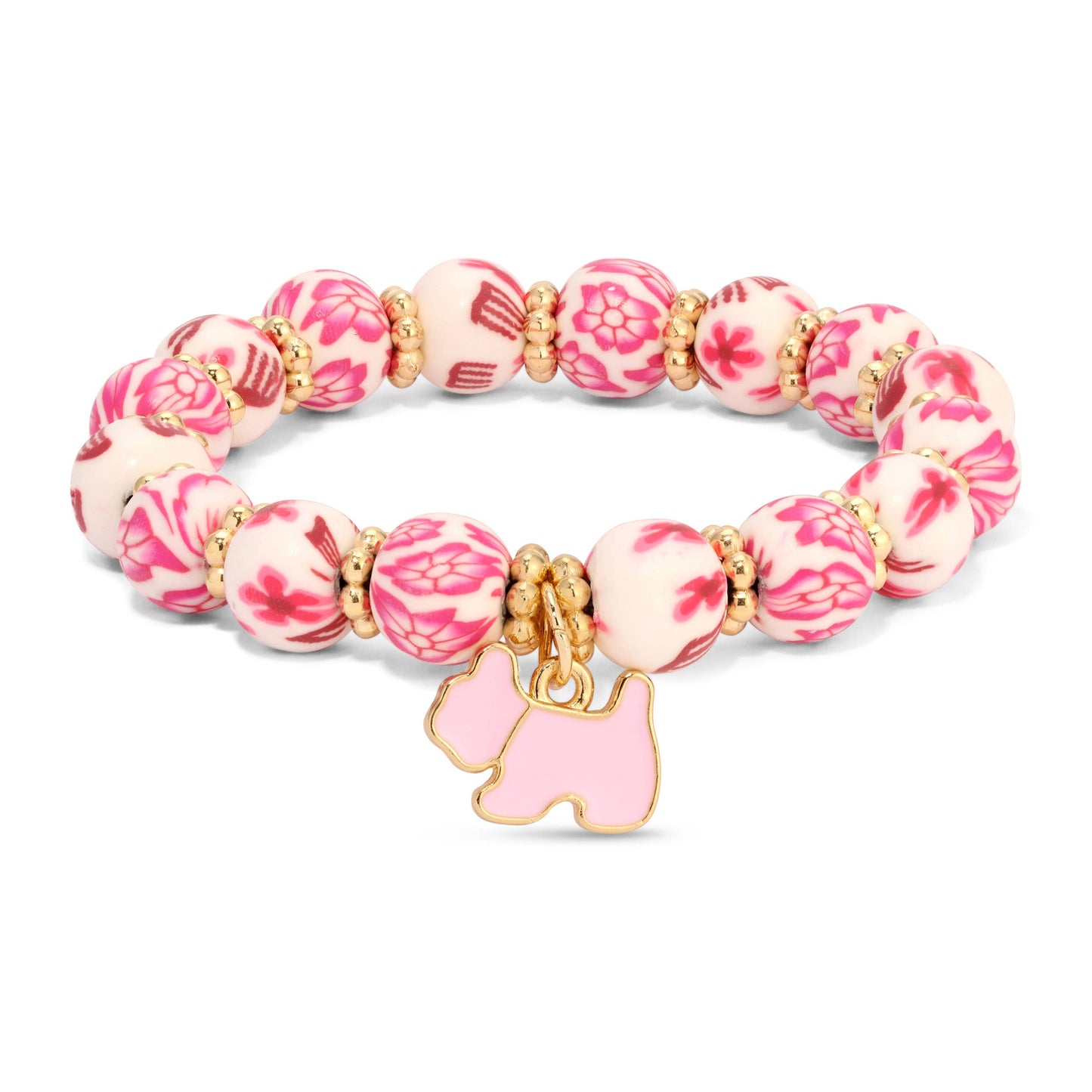 Kids Clay Beaded Stretch Charm Bracelets  |  Pink & White Floral+pink dog charm