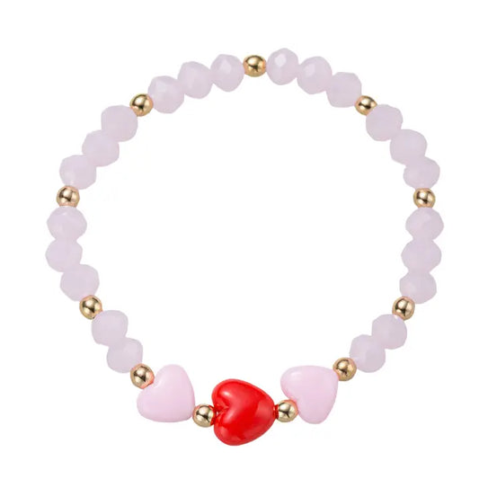 Light Pink, Red Faceted Beaded Stretch Bracelet W/ Red & Pink Hearts