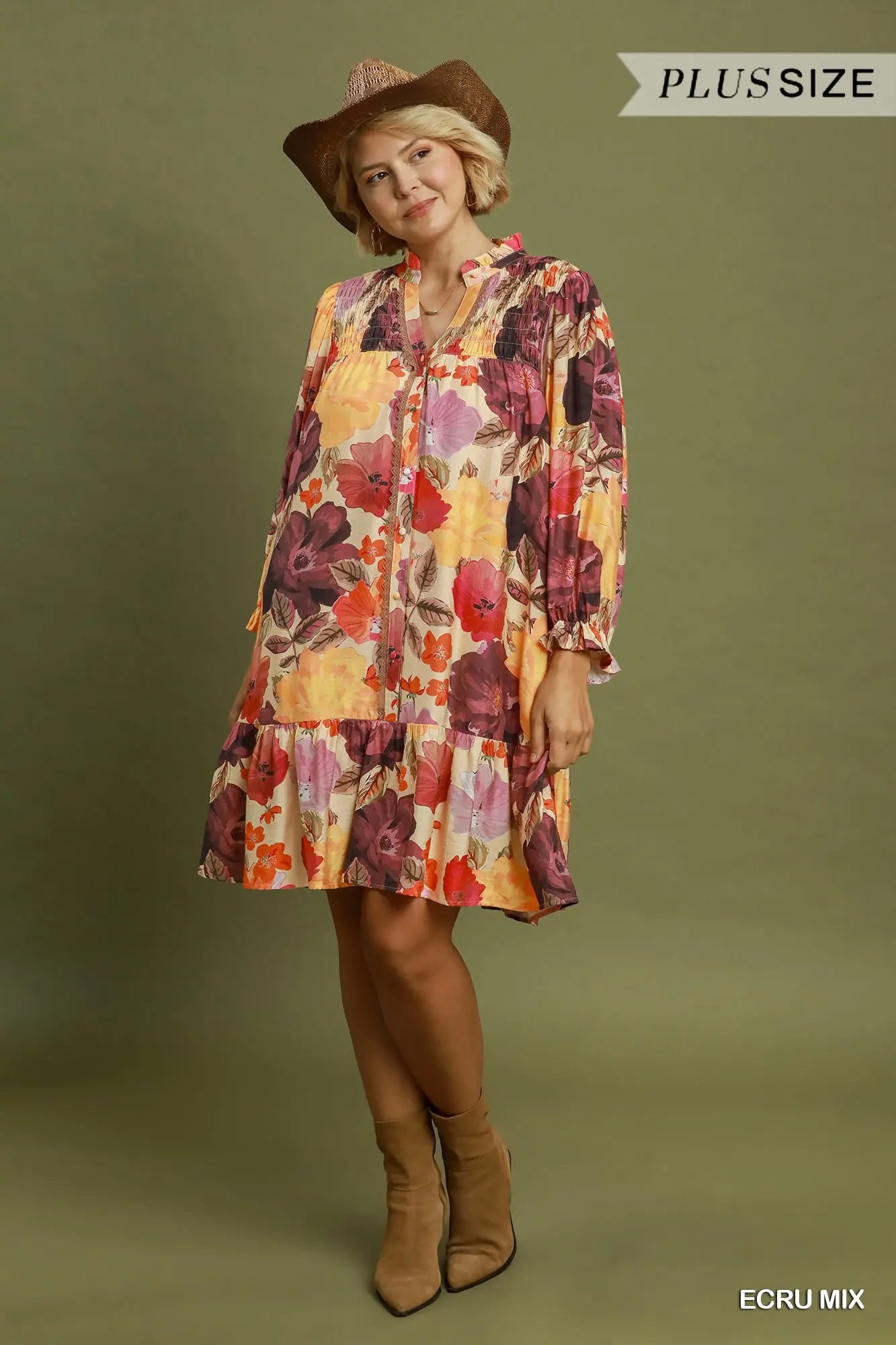 Floral Ecru Mix Smocked Button Front Mini Dress +