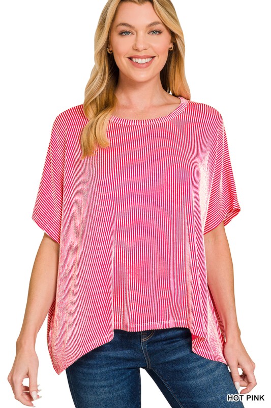 Ribbed Stripe Oversized Short Sleeve Top - Hot Pink