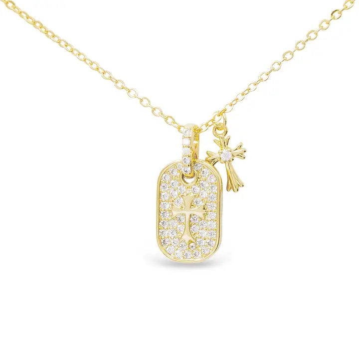 Gold Double Paved Pendant Classic Cross Necklace