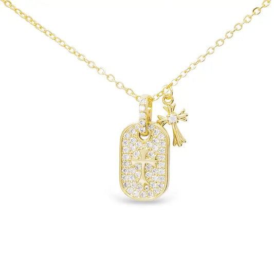 Gold Double Paved Pendant Classic Cross Necklace