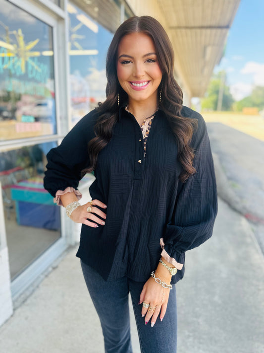 Black Woven Puff Sleeve Top