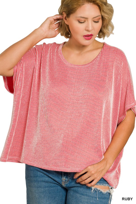 Ribbed Stripe Short Sleeve Top - Ruby +