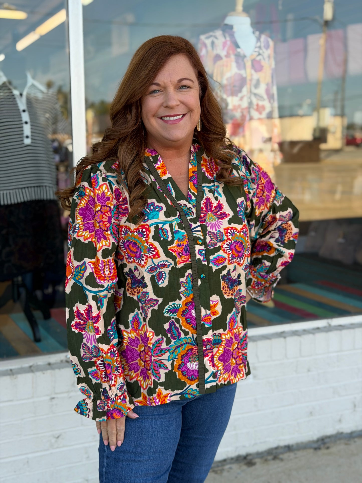 Olive Mix Abstract Print Button Down Blouse