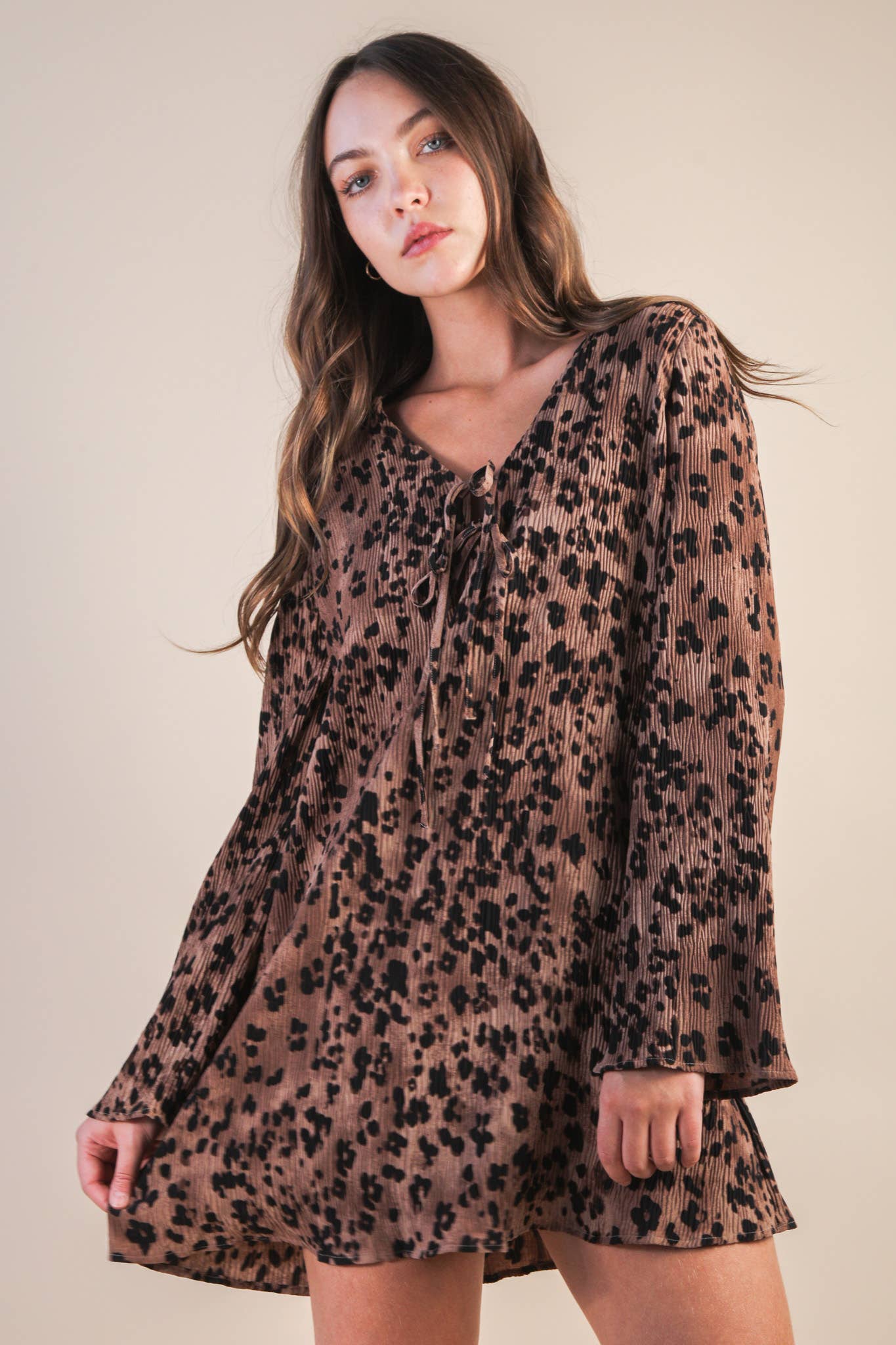 Mocha Leopard Printed Pleated Mini Dress