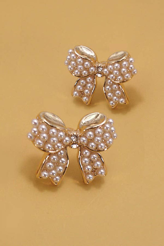 MINI PEARL BOW RIBBON GOLD EARRINGS | Gold