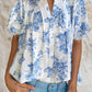 Floral Pleated Puff Sleeve Button Up Casual Shirt