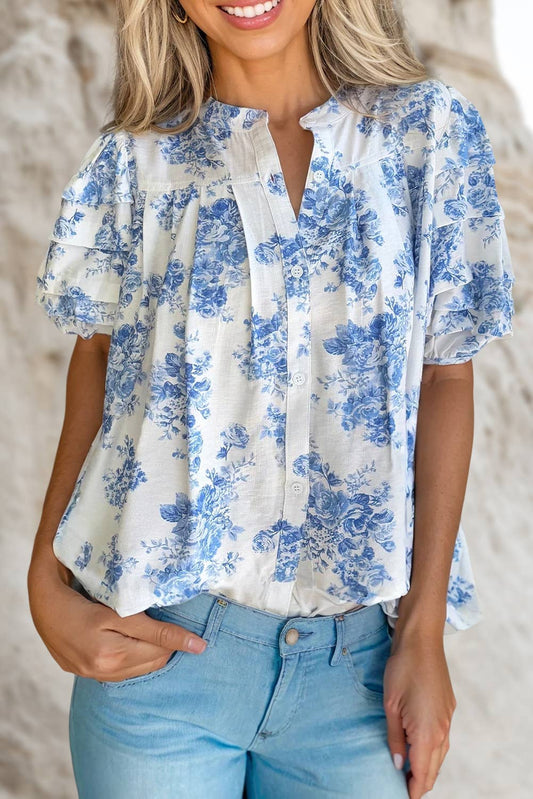 Floral Pleated Puff Sleeve Button Up Casual Shirt