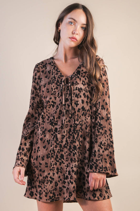 Mocha Leopard Printed Pleated Mini Dress
