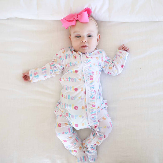 Little Sibling Zipper Footie: Little Sister / 0-3 months