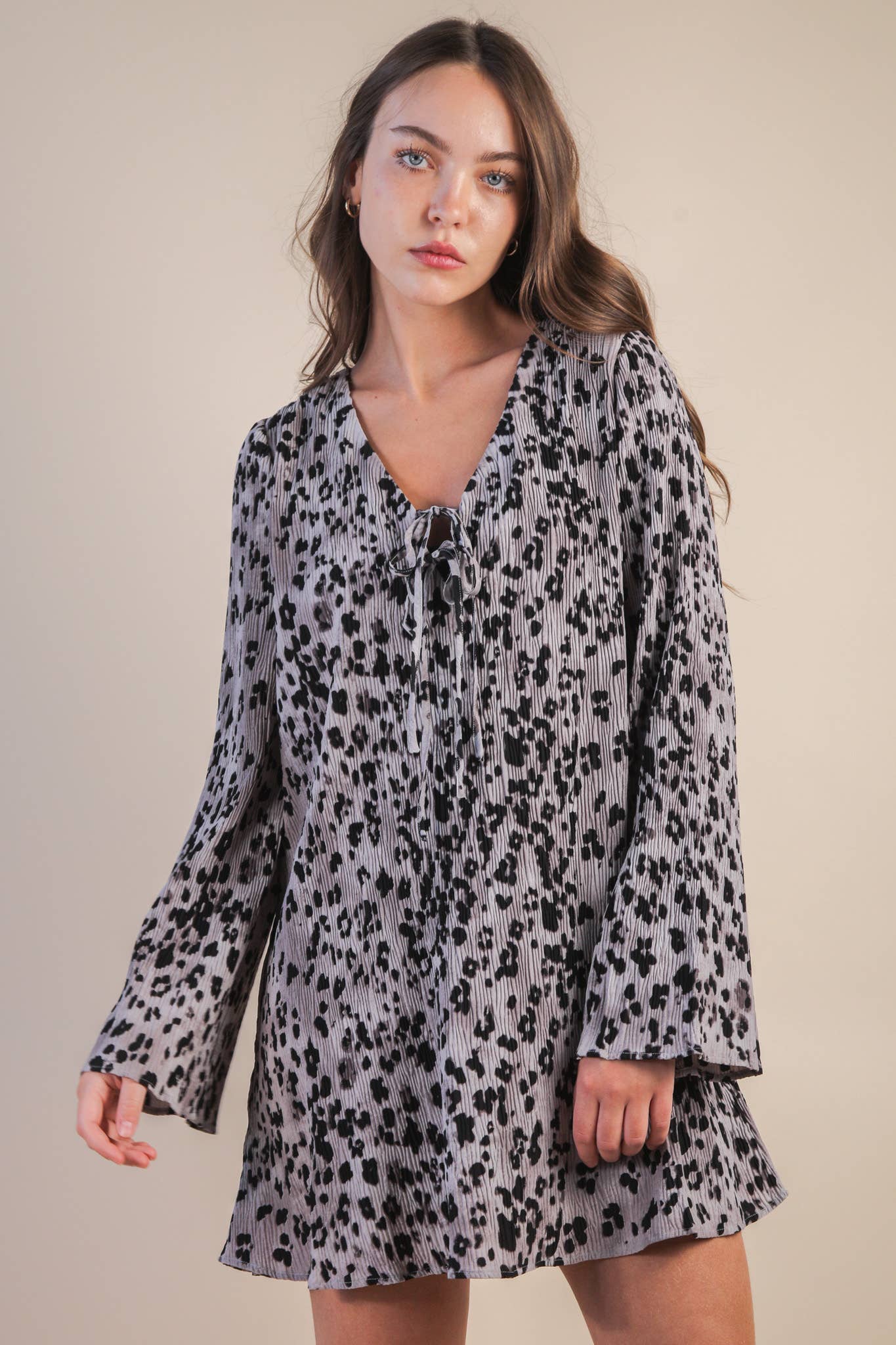 Mocha Leopard Printed Pleated Mini Dress